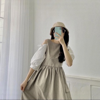 💃 đầm tiểu thư khoét vai váy babydoll nữ tay phối màu dáng lỡ