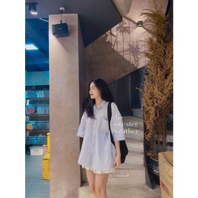 Áo Sơ Mi Kẻ Cộc Tay Nữ Vải Xốp 🦋 Áo Somi Nữ Ulzzang Dáng Dài 2 Màu 🦋