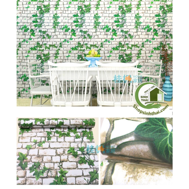 Giấy dán tường giả gạch 3d dây leo xanh,  có sẵn keo