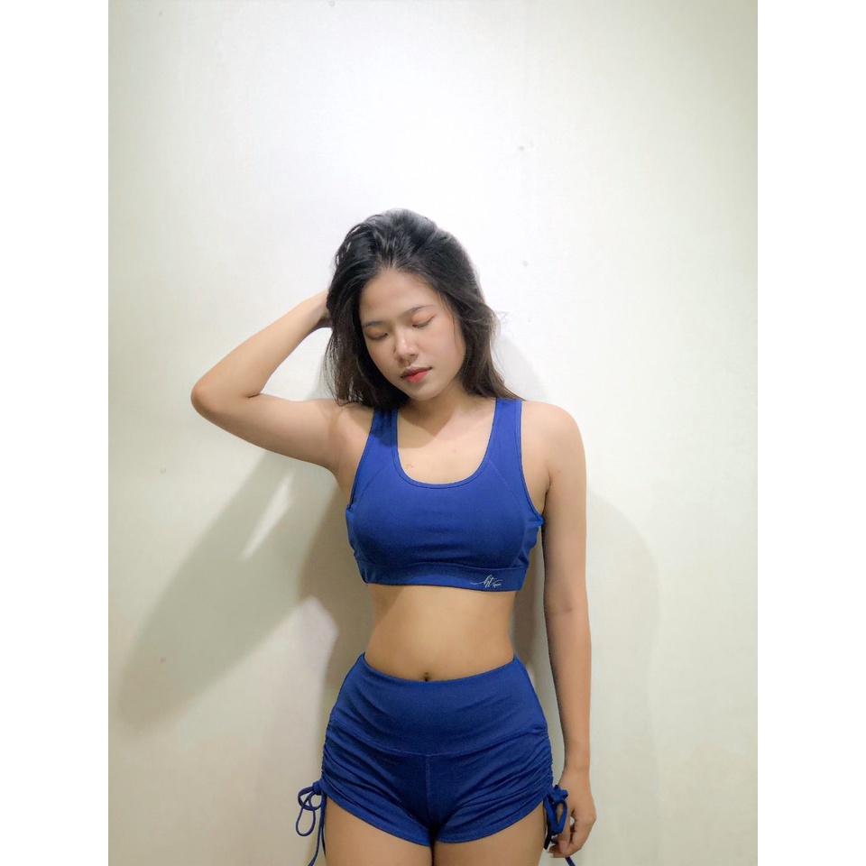 Set bộ đùi thể thao tập gym yoga nữ áo bra kèm mút quần đùi cạp cao rút dây( bộ sooc bra)