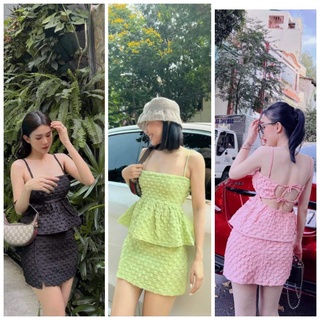 SET XỐP 2 DÂY THẮT NƠ LƯNG + CHÂN VÁY