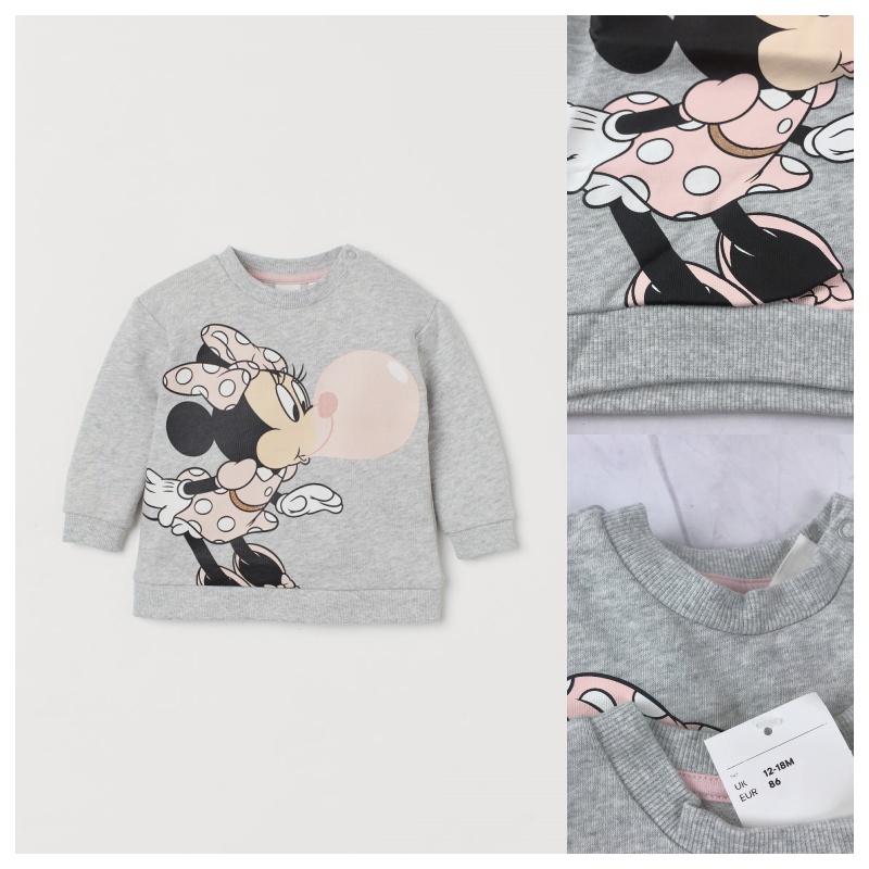 Áo nỉ dài tay HM mùa đông bé gái, chất liệu nỉ da cá Mickey xám hàng săn sale UK