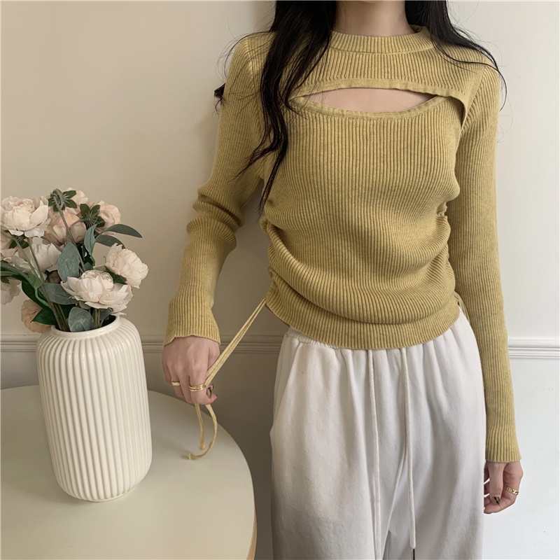【ZHELIHANGFEI】Áo Sweater Dệt Kim Tay Dài Dáng Ôm Phối Dây Rút Cá Tính