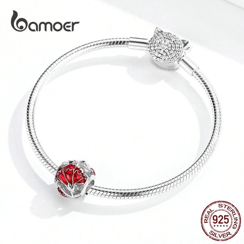 Hạt Xỏ Vòng Tay Bamoer Bsc097 Hình Tròn Họa Tiết Cánh Hoa Đỏ Thời Trang