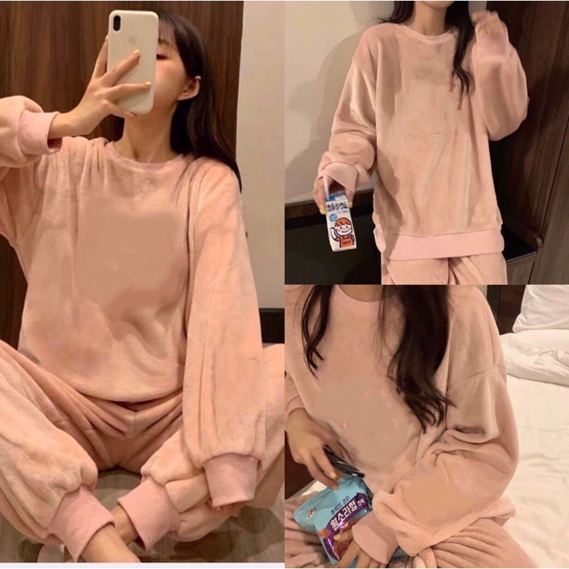 Set Bộ Ngủ Nỉ Trơn Nữ [FREESHIP] 🌸 Bộ đồ mùa đông quần ống boom áo sweater form rộng tay bồng, nỉ bông oversize Ulzzang🌸 | BigBuy360 - bigbuy360.vn