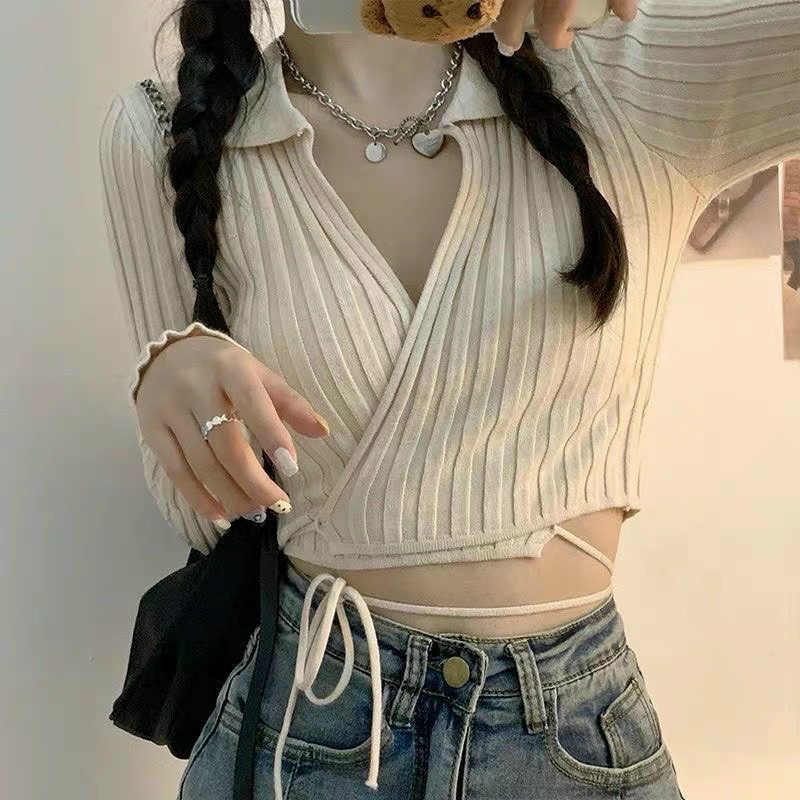Áo polo đắp chéo tay dài buộc bụng chất thun gân mịn - A0N