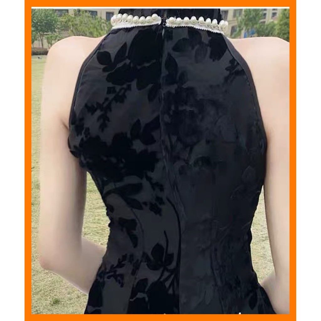 ♥️Đầm,Váy Sườn Xám Hoa Đen Cổ Yếm Đính NgọcSize S đến 2XL mimo dk