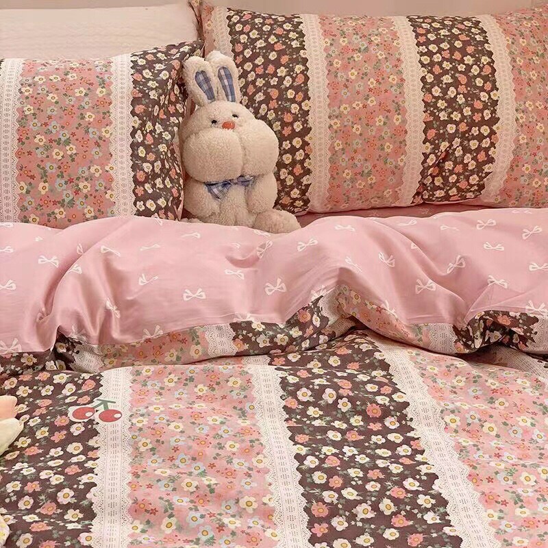 Chăn Ga Gối Cotton Living 💝 FREESHIP 💝 Bộ Chăn Ga Cotton 100% "Cúc Nhí Hồng " nhập khẩu 4 món