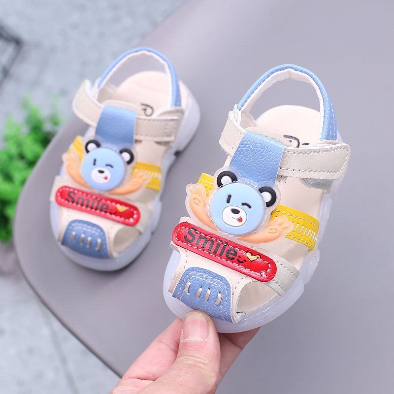 Sandal bé trai dép rọ tập đi cho bé trai bé gái con gấu da PU mềm có quai dán nhiều màu sắc smile A335 BabyBees (16-25)
