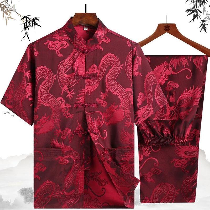 Summer ice silk Tang suit nam ngắn- Áo sơ mi lụa tay phù hợp với người trung niên và cao tuổi Người cha Trung Quốc ăn mặ