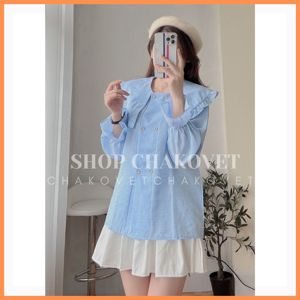 Áo kiểu nữ đẹp bánh bèo cổ bèo A8143 tay dài bồng bo chun thiết kế 2 hàng cúc cá tính phong cách thời trang hàn quốc