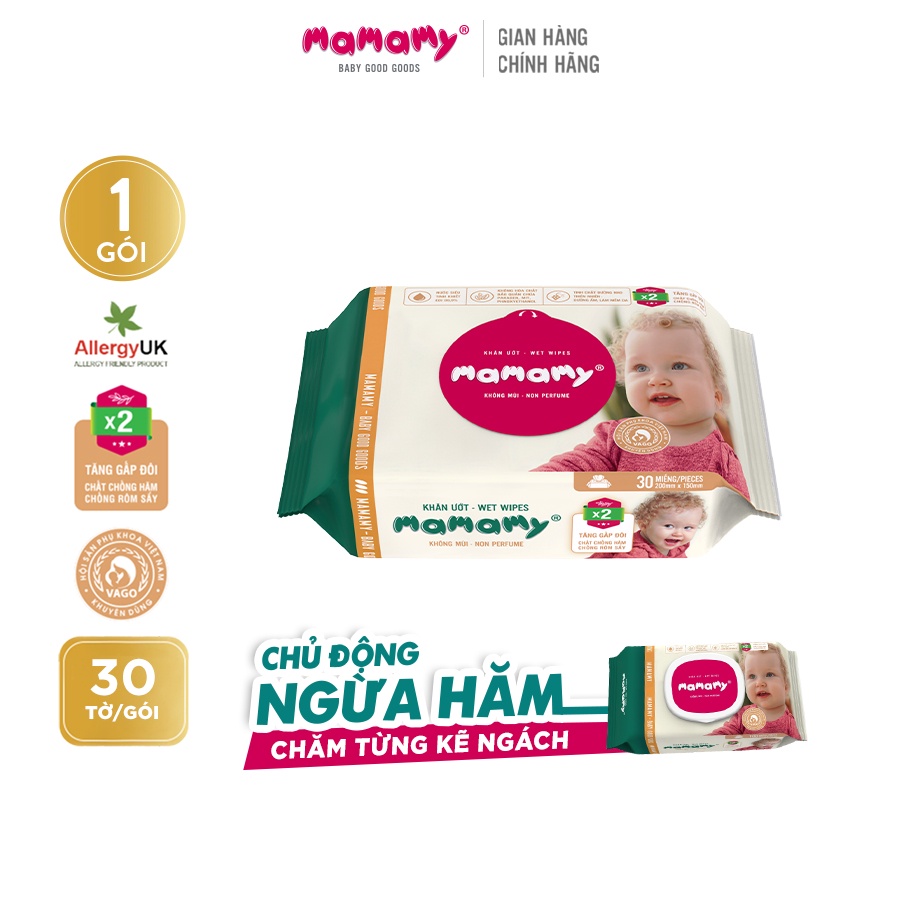 Khăn ướt Mamamy 30 tờ không/có mùi, ngừa hăm chống rôm sẩy, an toàn cho bé