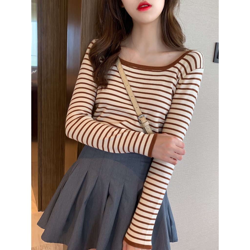 Áo thun SUXI dành cho nữ tay dài cổ vuông họa tiết sọc ngang thời trang