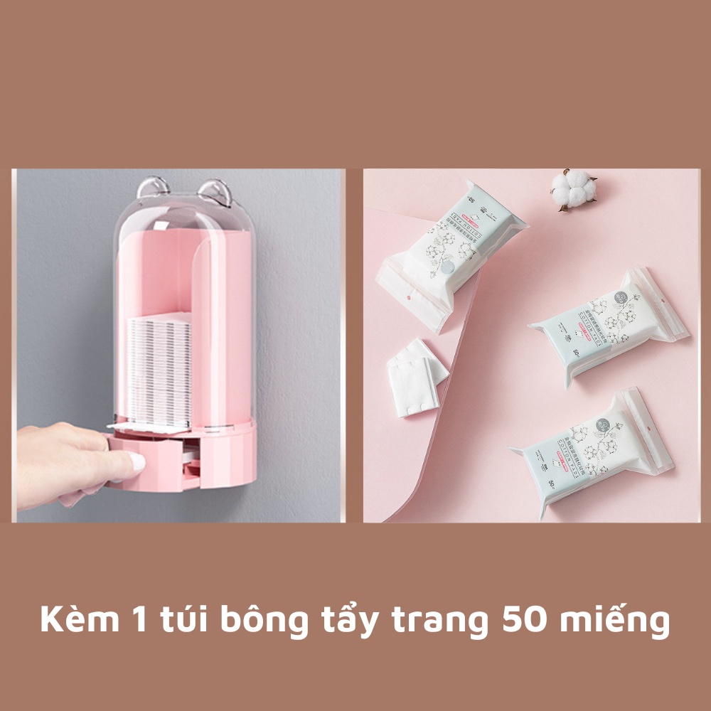 Hộp đựng bông tẩy trang gắn tường hình gấu máy rút bông tẩy trang tự động kháng khuẩn chống bụi tặng kèm gói 50 giấy