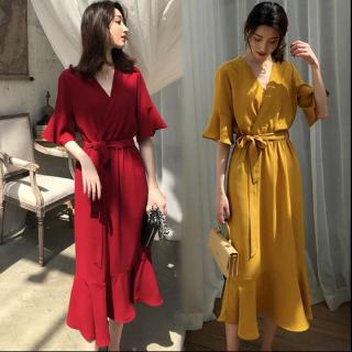 👗Ready Stock👗Spring and Summer Women V-neck Dress French Temperament Middle Waist Ruffled Skirt