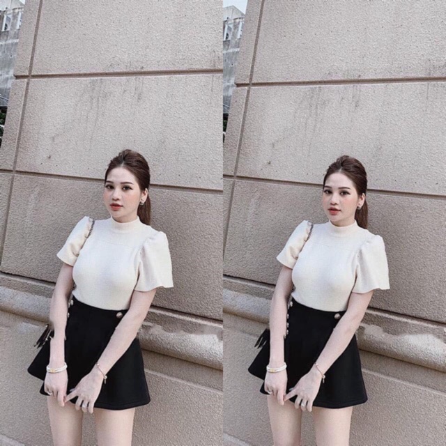 Áo len tay phồng màu be