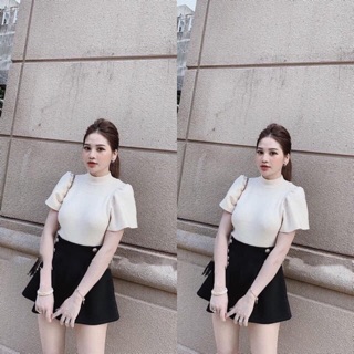 Áo len tay phồng màu be
