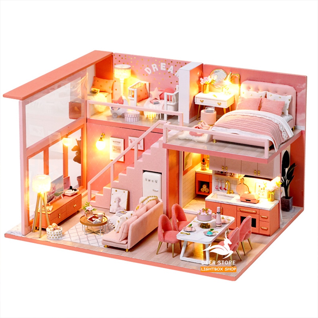 Nhà búp bê mô hình DIY. Nhà đầy đủ Nội thất, đèn Led | Tặng DỤNG CỤ, KHUNG MICA VÀ KEO DÁN. MÃ L029