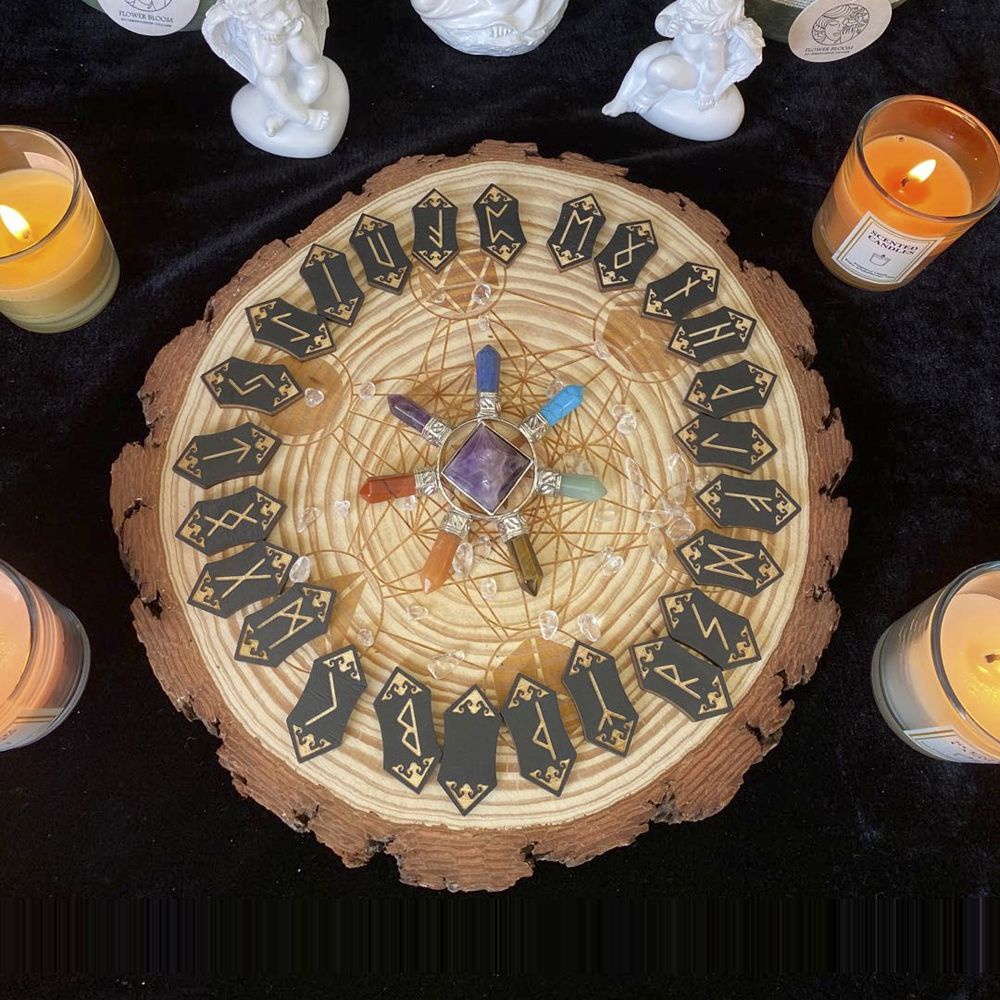Bộ 25 Thẻ Gỗ In Chữ Runes Nhiều Màu Sắc Kèm Túi Đựng