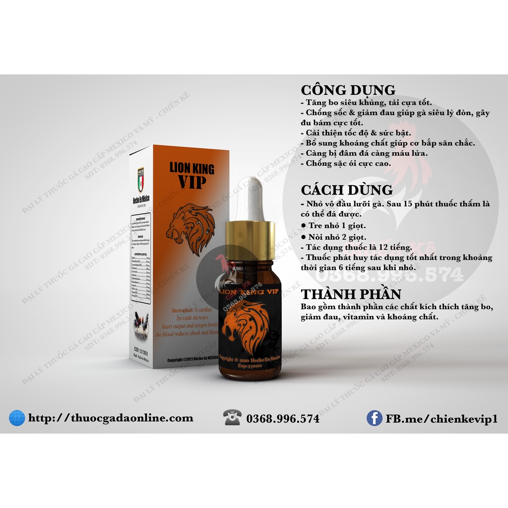 Thuốc gà đá LION KING - Chính hãng MEXICO - Tăng bo, tải cựa, chống ói, lỳ đòn - Chiết lẻ 1cc