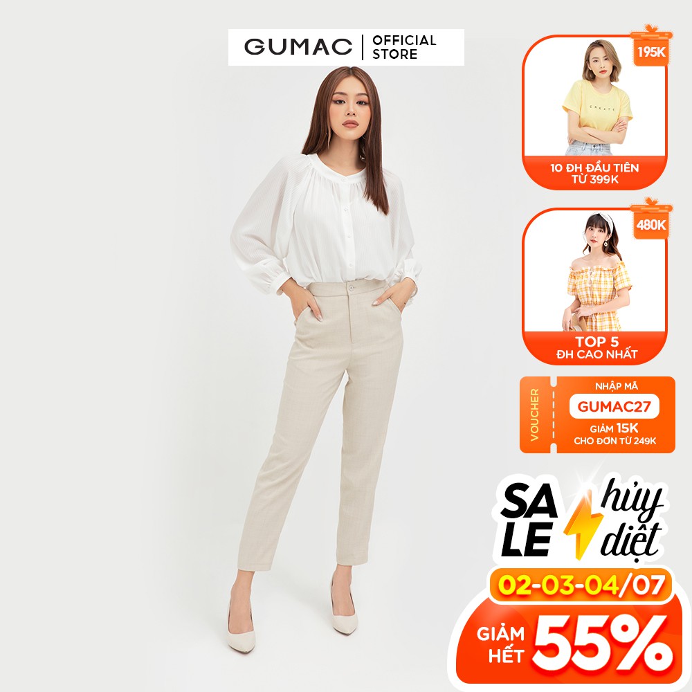 [Mã WABRGU72 giảm 10% tối đa 50k đơn 250k] Áo sơ mi nữ cổ trụ GUMAC màu trắng trơn thanh lịch AB495