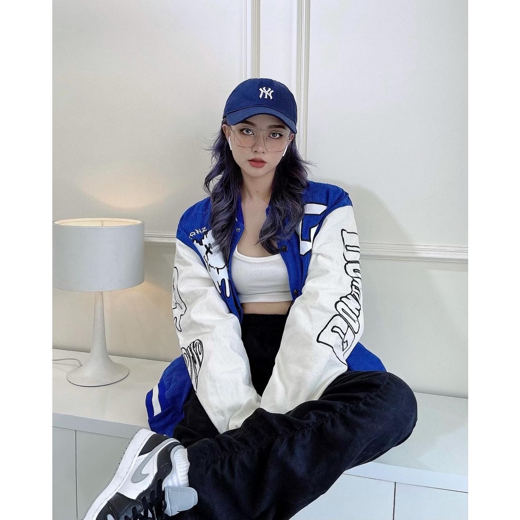 Áo Khoác Varsity nam nữ màu XANH, Gonz Bóng chày .Unisex Form rộng nhung tăm 2 lớp Hình thêu 100%VIPPA2