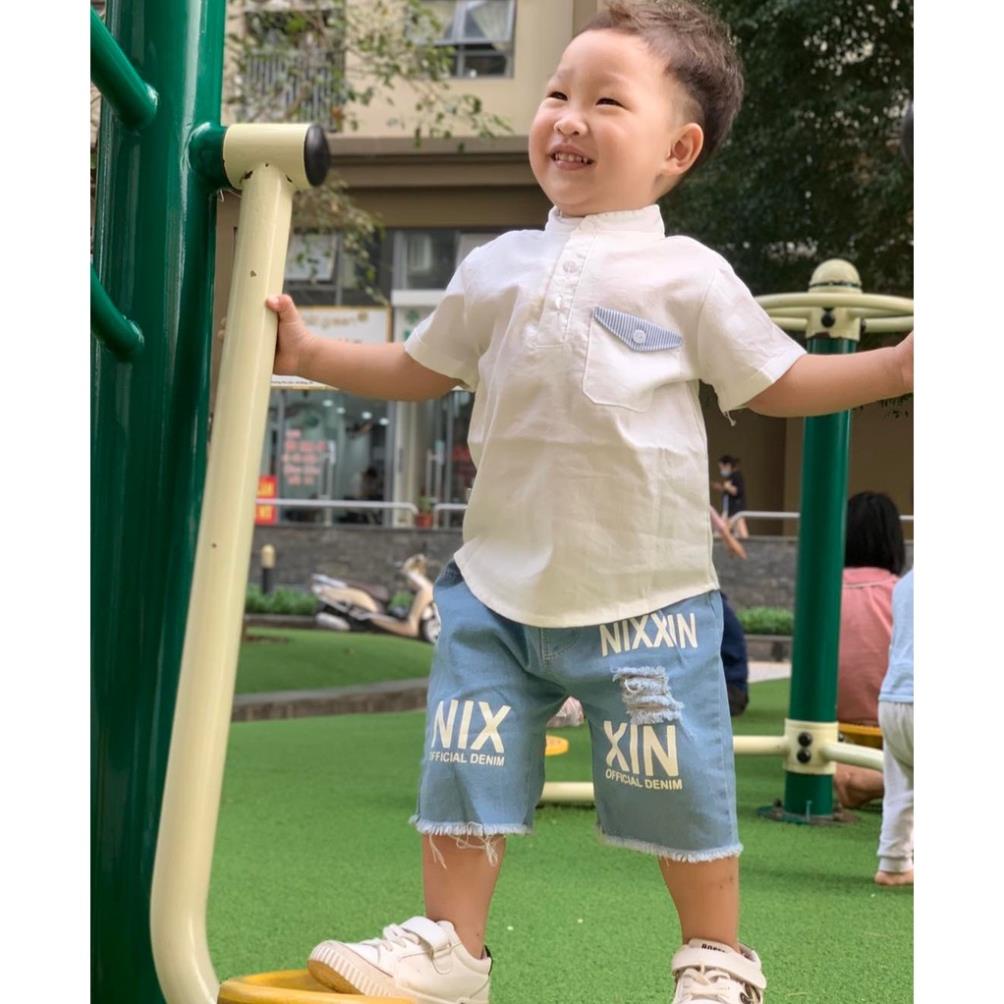 Set sơ mi đũi quần jean cho bé trai phong cách Hàn Quốc chất co giãn mềm cỡ 9-23kg hàng chuẩn size Hongvybaby
