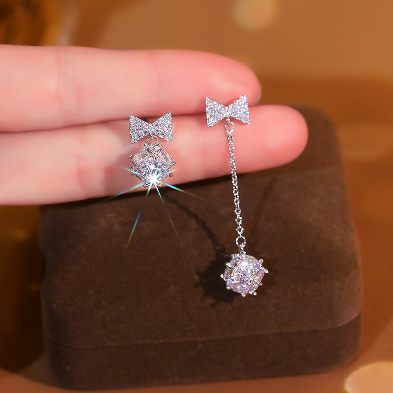 [Jiudolan] Khuyên Tai Đính Đá Zircon Ruy Băng Không Đối Xứng Tinh Tế Sáng Bóng Thanh Lịch Dành Cho Nữ