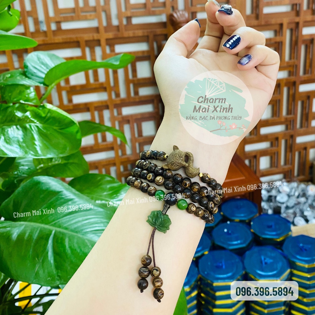 Chuỗi Trầm Hương Sánh Chìm 108 hạt phối Hồ Ly Sánh và Sen Ngo.c Bích - Vòng Tay Hoa Gỗ tự nhiên Nam Nữ phong thuỷ