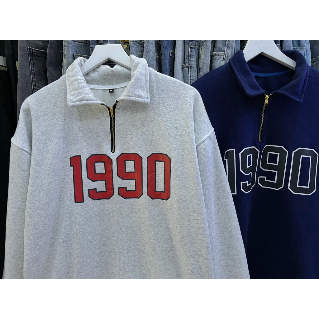 Áo Sweater 1990 Boin shop chất nỉ bông cotton dày phối cổ polo có zip from rộng unisex cho cả nam và nữ siêu đẹp