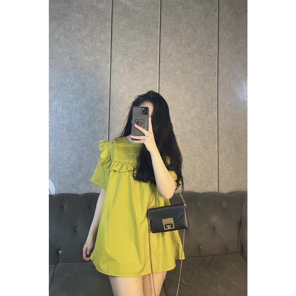 [Ảnh Thật] Áo Babydoll Thô Mềm Cổ Viền Bèo Xếp Li Ngang 2 Màu Cốm / Nâu [LanHin90]