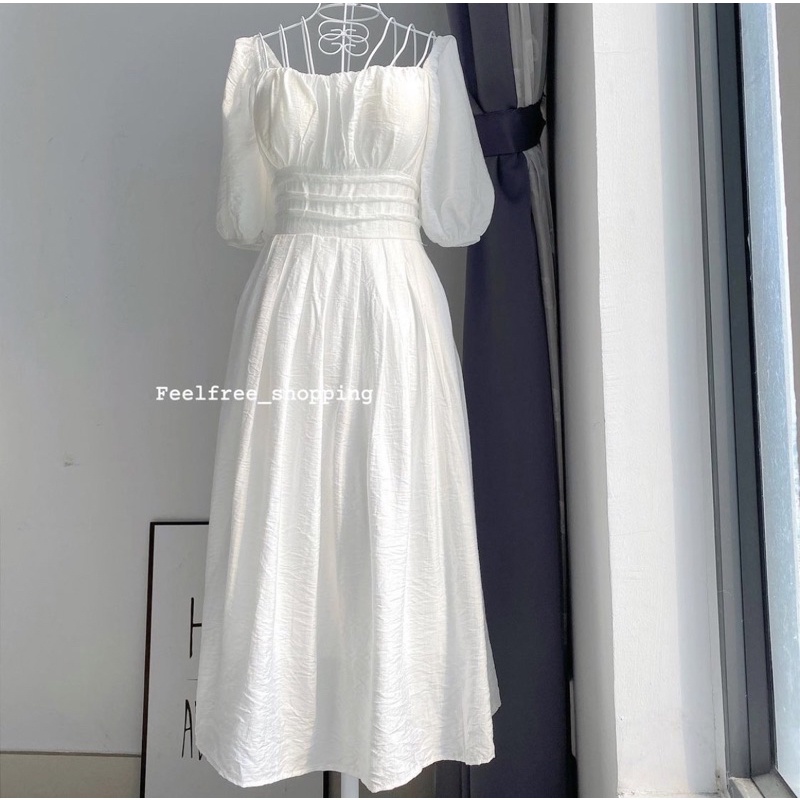 Đầm Trắng Dáng Dài Kèm Mút Ngực Cổ Vuông Hai Lớp Mặc Đi Tiệc, Đi Chơi (Hình Thật) D078