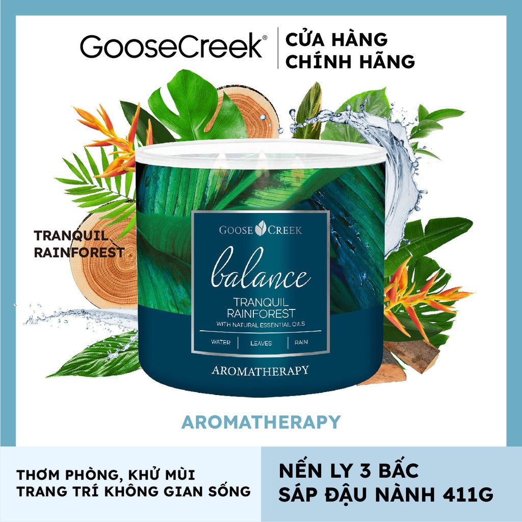 Nến Ly 3 Bấc Sáp Đậu Nành Aromatherapy Goose Creek 14.5oz - 411g - Tranquil Rainforest