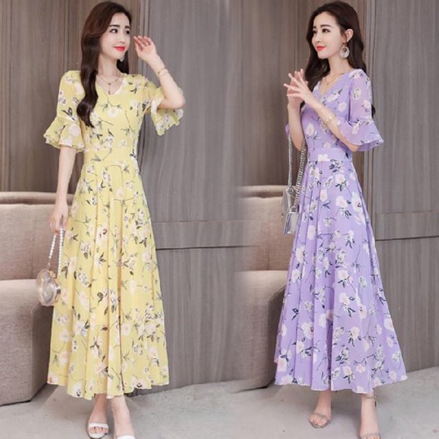 Đầm nữ thời trang thiết kế dáng dài thanh lịch, phối hoa duyên dáng NV0138