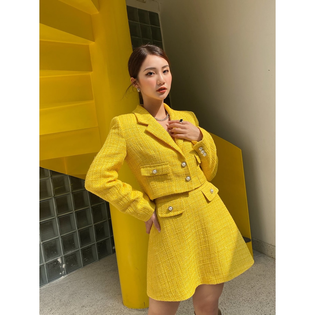 Set vest tweet vàng và chân váy chữ A nữ HUONG BOUTIQUE HBVEST118