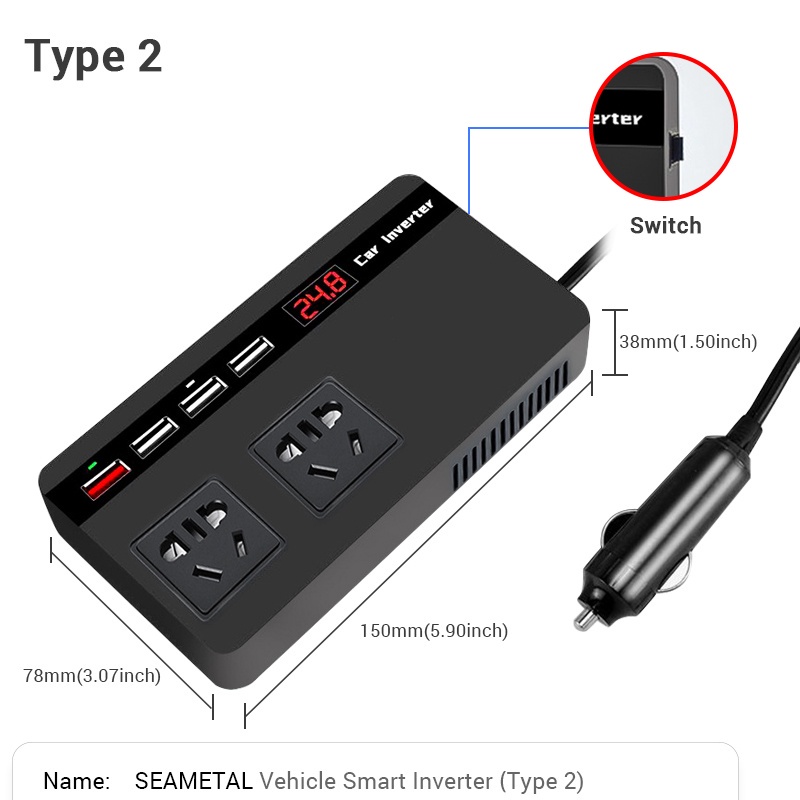 Bộ sạc ô tô biến tần thông minh chuyển đổi 12V  sang AC 110V / 220V gắn cổng bật lửa cho xe 100W / 200W USB QC3.0