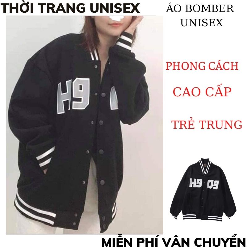 Áo Bomber UNISEX in chữ H909 ,  Cổ Có Cúc Bấm Chất Liệu dù 2 lơp Chất Đẹp nữ hàn quôc XMTC2