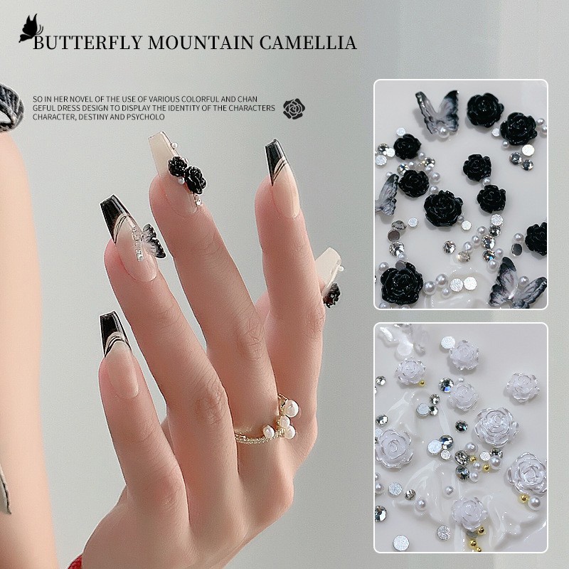 Bộ Phụ Kiện Trang Trí Móng Tay Nghệ Thuật Hình Hoa Trà Đen Trắng Bằng Acrylic Đính Đá DIY
