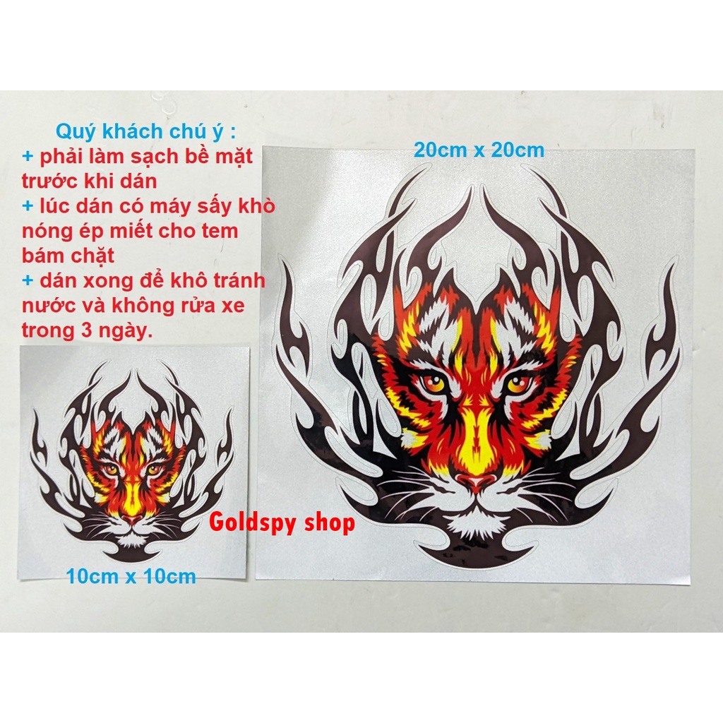 Tem decal phản quang hổ lửa dán dè trước, dán mặt nạ, dán mũ bảo hiểm, dán thân đầu xe máy.