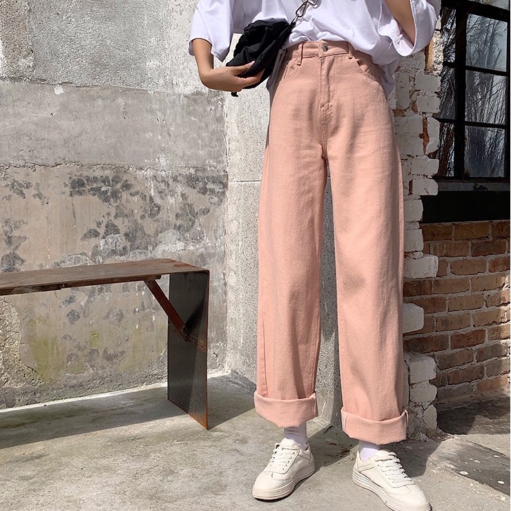 Quần denim SUXI dài ống rộng màu trơn phong cách Hàn Quốc thời trang dành cho nữ