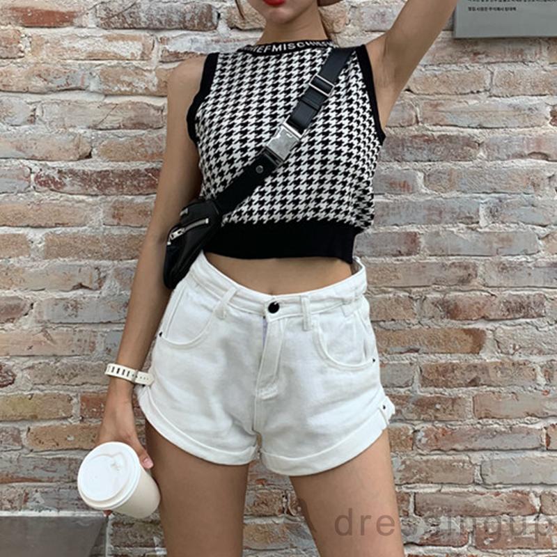 Áo Croptop Dệt Kim Cổ Tròn Không Tay In Chữ Cá Tính Cho Nữ