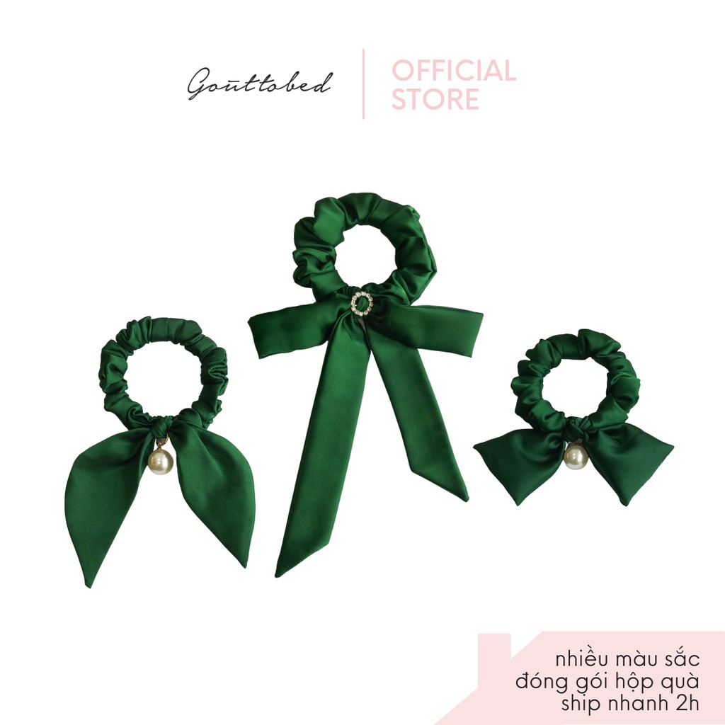 Scrunchies cột tóc nơ đính ngọc trai đá Goûttobed Lụa Satin Silk (nhiều màu)