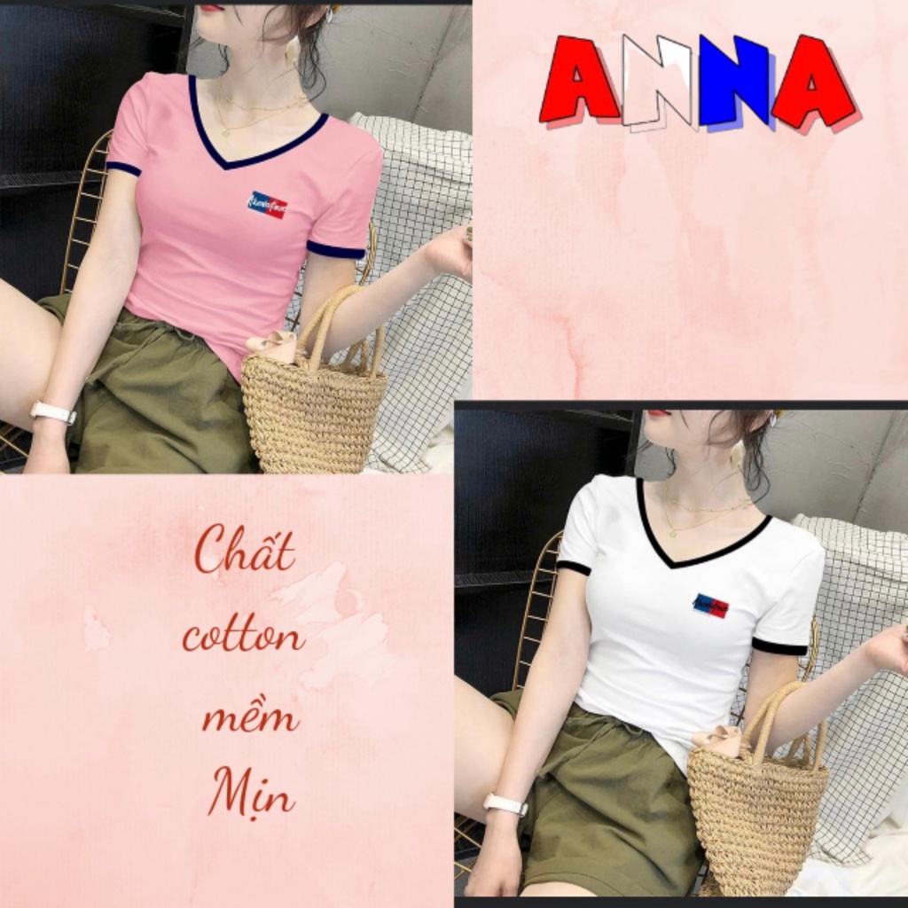 Áo thun nữ cổ tim tay ngắn, áo phông phối viền sang chảnh, vải cotton đẹp dễ mặc dễ phối đồ trẻ trung mẫu mới FA02
