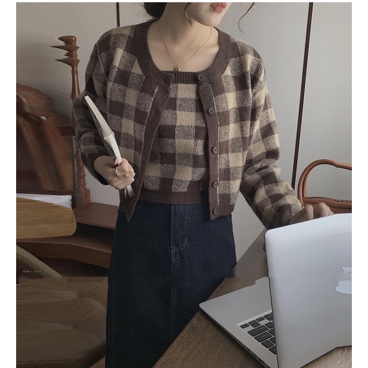 Set áo hai dây len kẻ ô kèm cardigan cùng màu phong cách Hàn Quốc - Xưởng May Hạnh Hồng | WebRaoVat - webraovat.net.vn