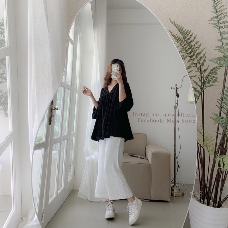 Quần ống rộng cạp chun vải đũi mềm mát, ảnh chụp thật