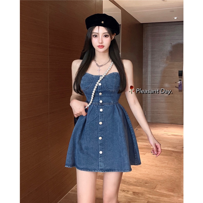 Đầm Denim Sát Nách Hở Vai Thời Trang Mùa Hè Quyến Rũ Cho Nữ