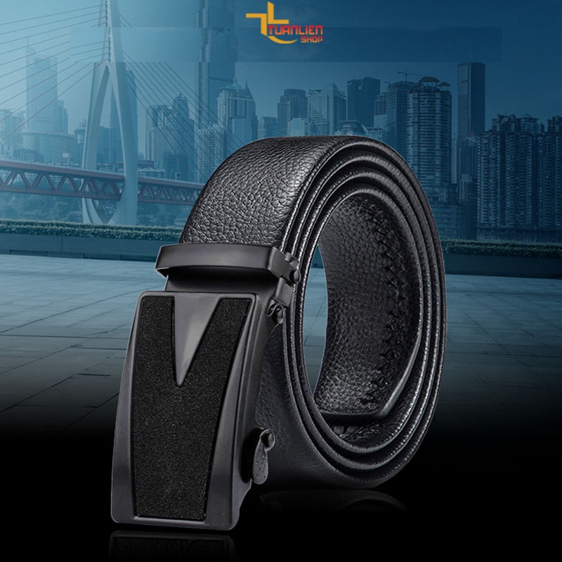Thắt lưng nam da bò 2 lớp khóa tự động mặt chống gỉ thời trang.