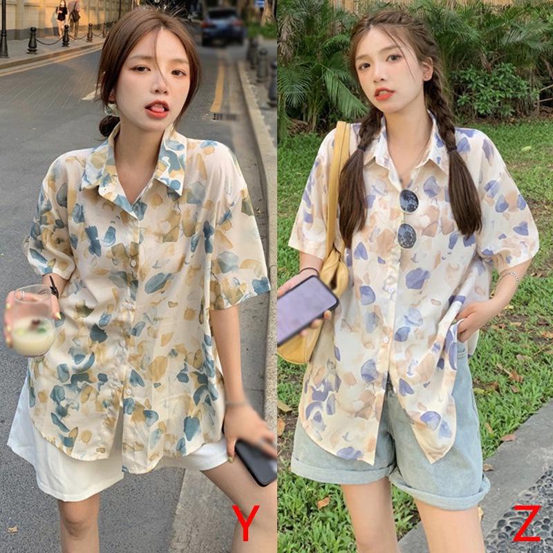 Áo Sơ Mi Chiffon Mỏng Tay Ngắn Dáng Rộng In Họa Tiết Kiểu Retro Hàn Quốc Thời Trang Mùa Hè Cho Nữ