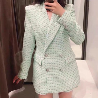 Set blazer & chân váy dạ xanh mint Zara