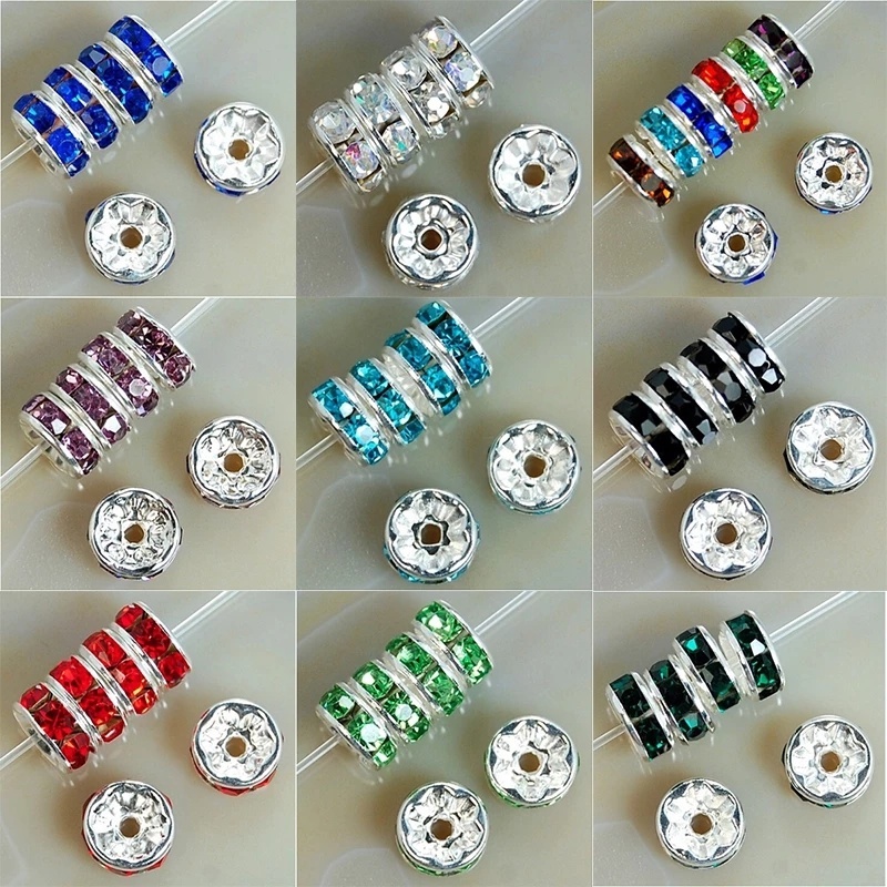 Bộ 100 Hạt Kim Loại Mạ Bạc Đính Đá 6mm Tự Làm Trang Sức